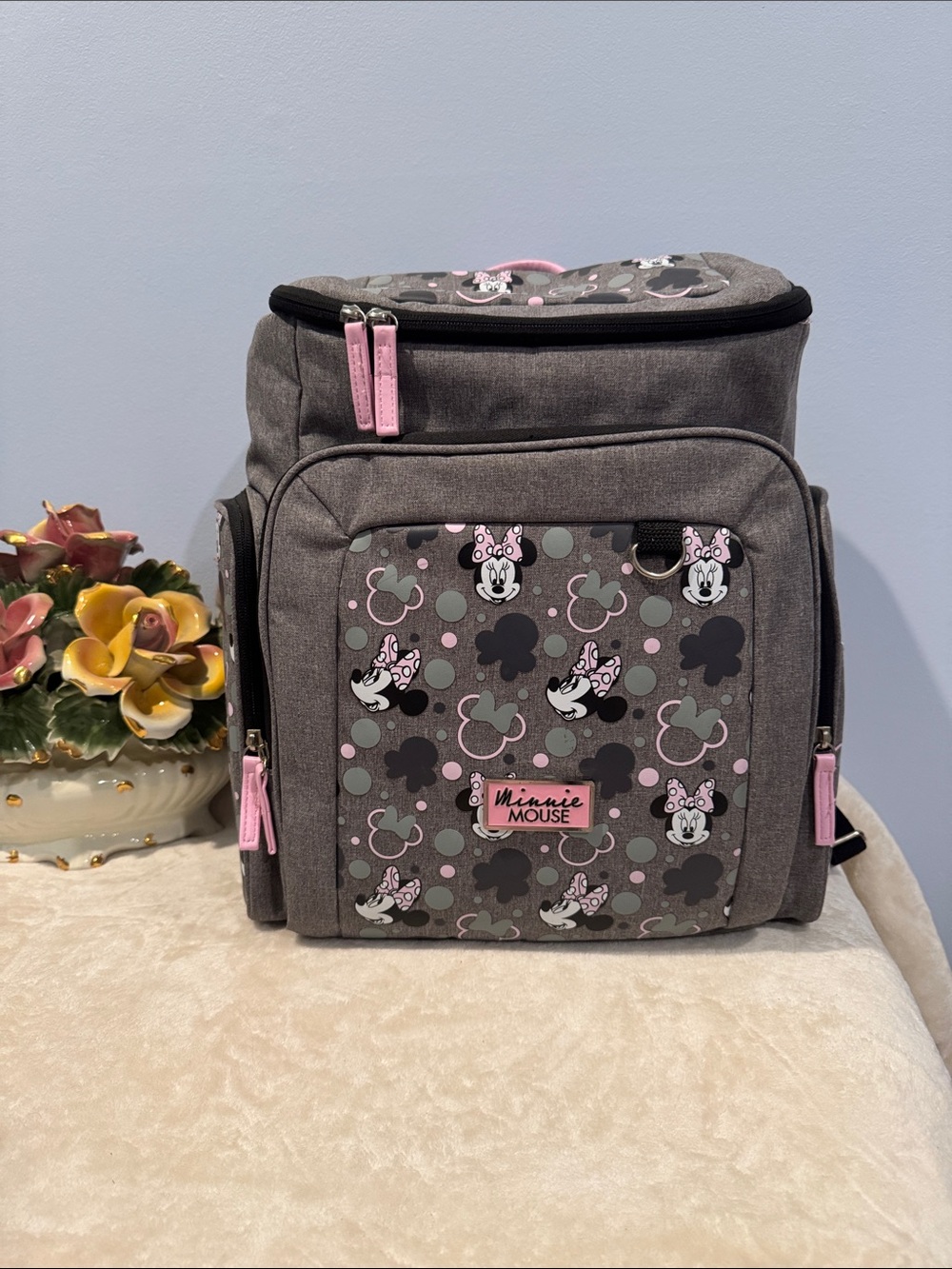 Disney Baby Minnie Mouse Jartop Diaper Backpack in gray and pink, NWOT